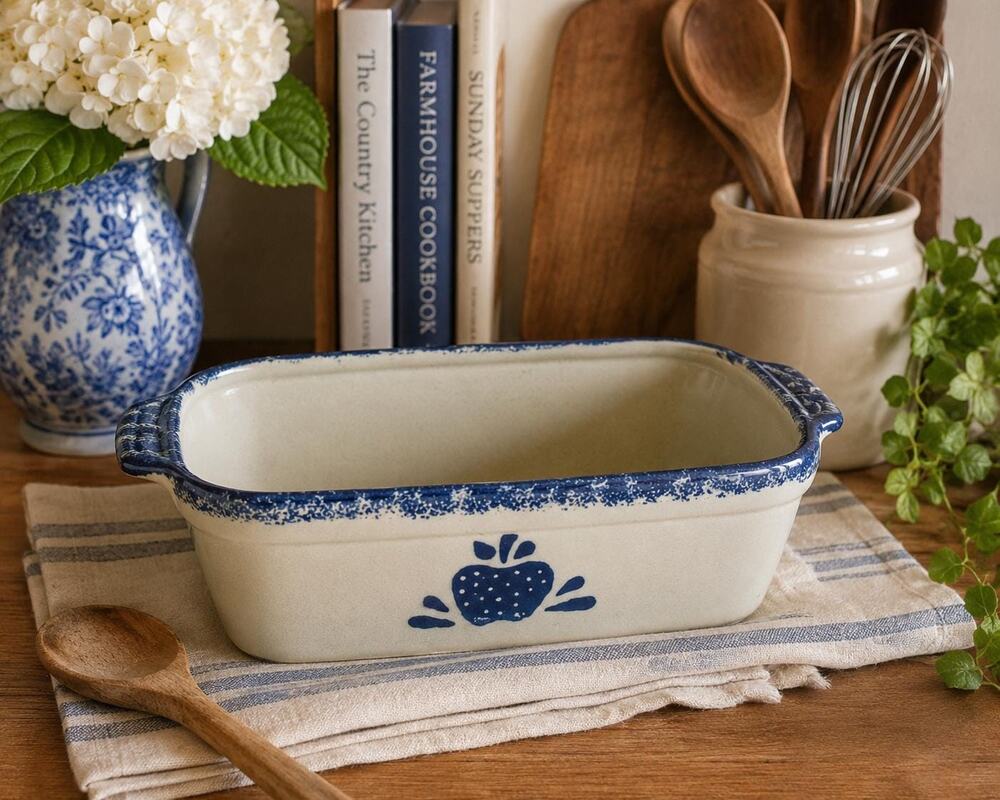 Vintage Loomco Blue Spongeware Stoneware Baking Dish | Farmhouse Country Kitchen